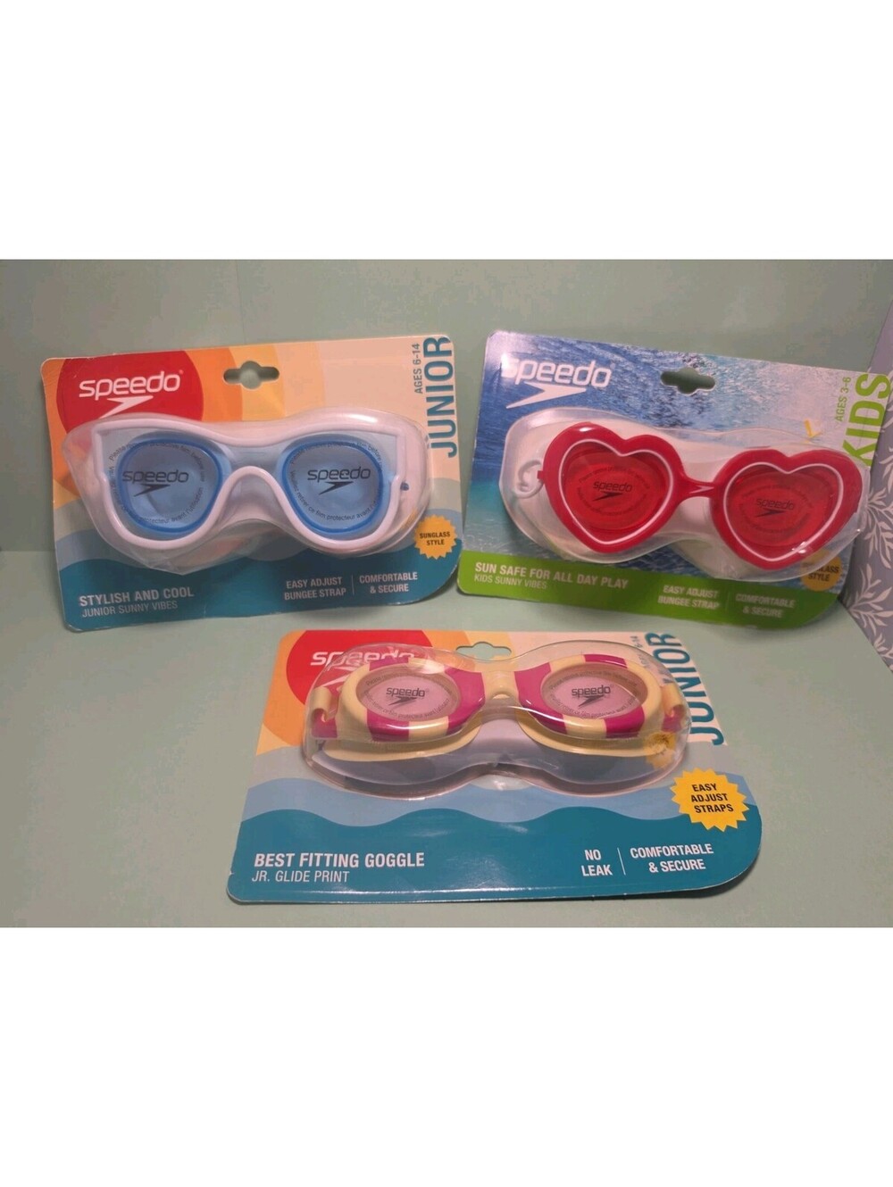 NEW Lot of 2 Speedo Junior Swim Goggles Ages 6-14 & 1 Kids Ages 3-6